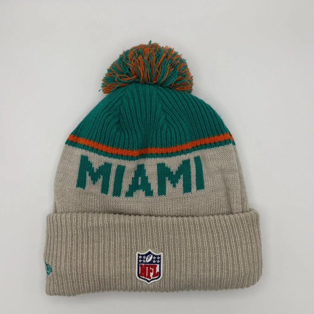 New Era Miami Dolphins NFL Knit Pom Beanie Hat Grey Teal Orange‎ Fleece Lined OS
